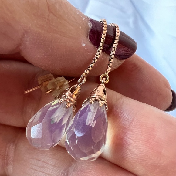 14K PINK ROSE GOLD MOONSTONE THREADER PULL THROUGH CHAIN DANGLE DROP EARRINGS